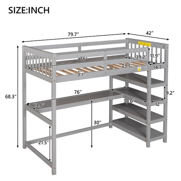 Industrial Modern Twin Size Loft Bed with Storage Shelves and Under-bed Desk, Sturdy Construction & Safety Guaranteed, Grey