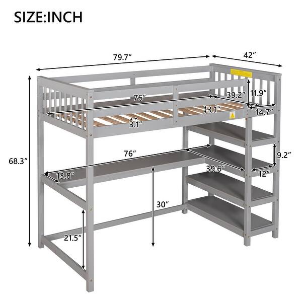dimension image slide 1 of 6, Space-Saving Loft Bed with Storage Shelves and Desk, Solid Wood Loft Bed Frame with Ladder and Guardrail for Kids Teens Adults