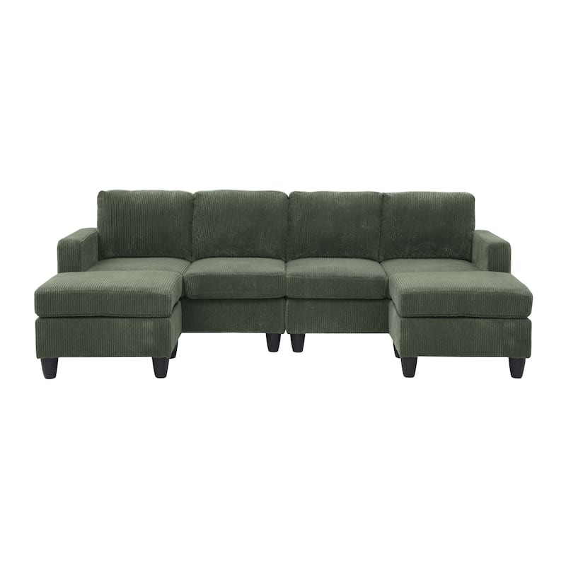 U Shaped Modular Sectional Sofa with Ottoman, Corduroy 4 Seater Sectional Sofa, Corner Sectional Sofa with Removable Cushions聽 - Green