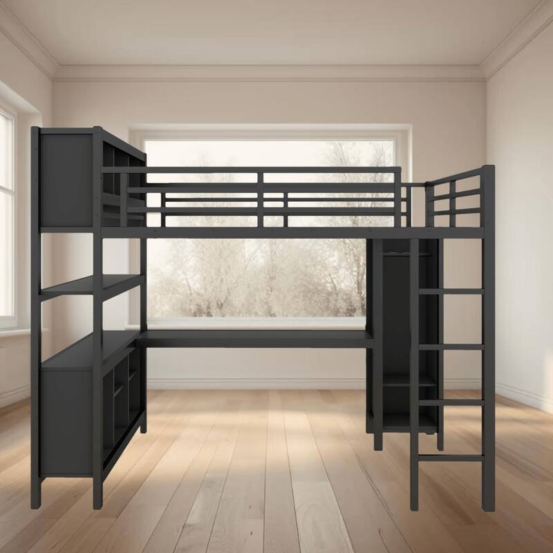 Full Size Metal Loft Platform Bed Frame with Built-in L-Shaped Desk, Wardrobe and Storage, for Teens Bedrooms and Dorms - Black - Full