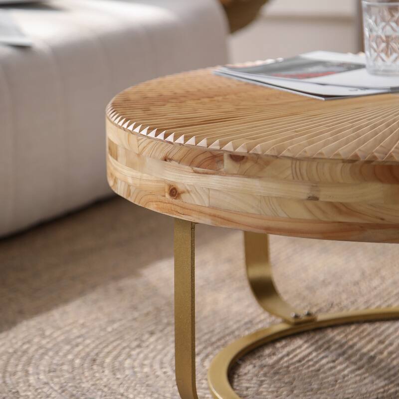 Modern Round Coffee Table Wooden Carving Pattern Coffee Table with Metal Legs, for Living Room Reception Room Office