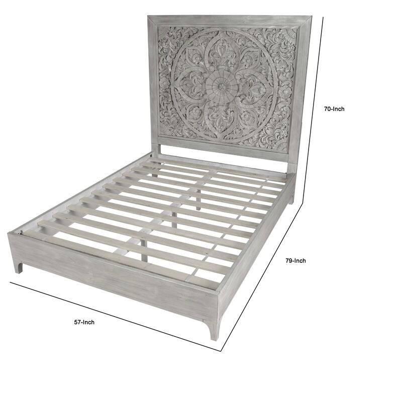 Full Size Platform Boho Bed, Carved Mandala High Headboard, Washed Gray