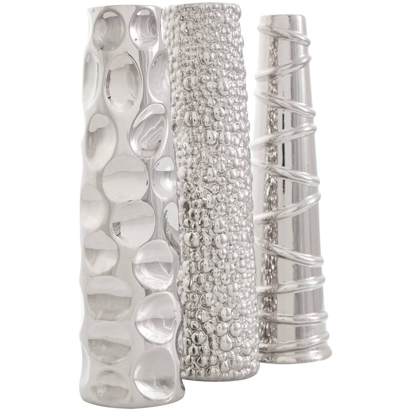 CosmoLiving by Cosmopolitan Sleek Ceramic Glam Vase with Varying Patterns (Set of 3) - Silver, Gold, Dark Blue, White