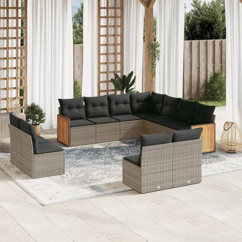 vidaXL Patio Sofa Set with Cushions Outdoor Conversation Furniture Poly Rattan - Grey - 24.4 x 24.4 x 27.2