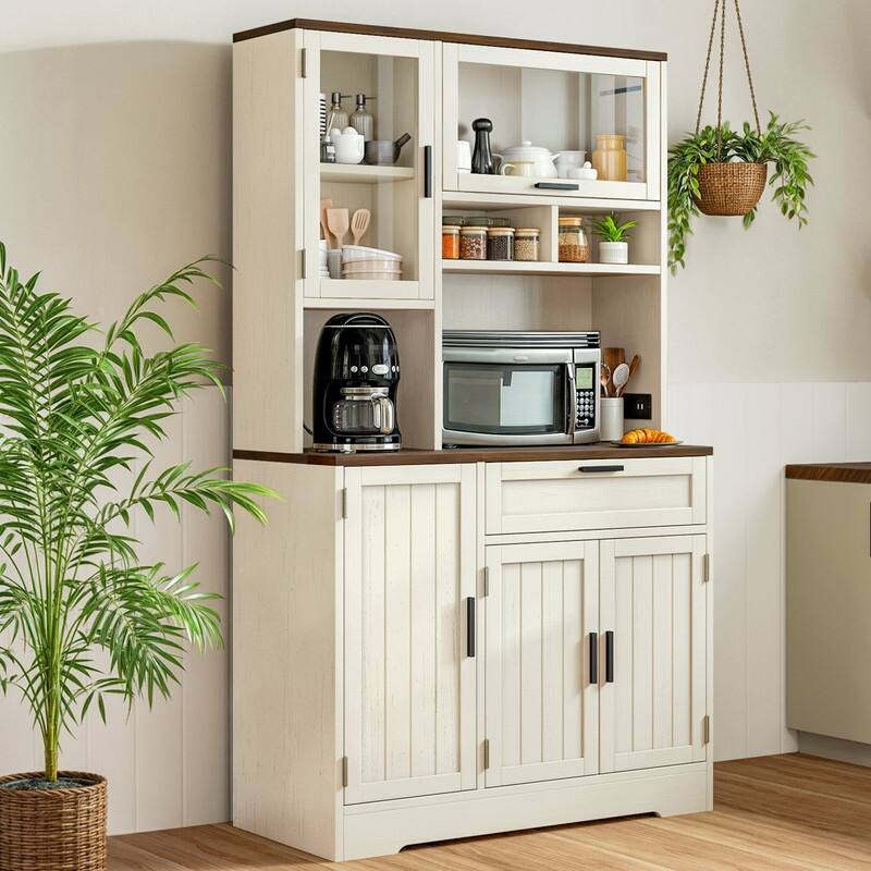 Moasis Farmhouse Kitchen Food Pantry Cabinet Kitchen Storage Cabinet with Adjustable Shelve And Built-In Charge Station