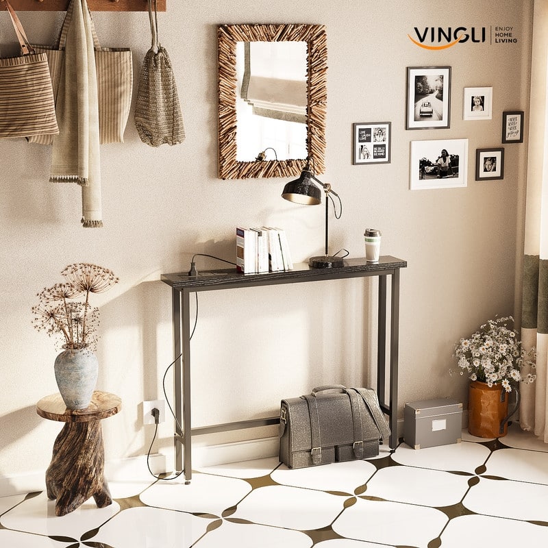 VINGLI 1-Piece Melamine + Iron Hall Table with Power Strip
