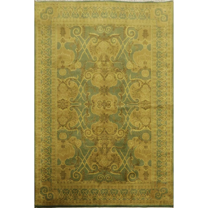 Hand Knotted Oriental 100% Wool Carpet Traditional All-Over Green Art Deco Area Rug - 8' 10'' X 5' 11''