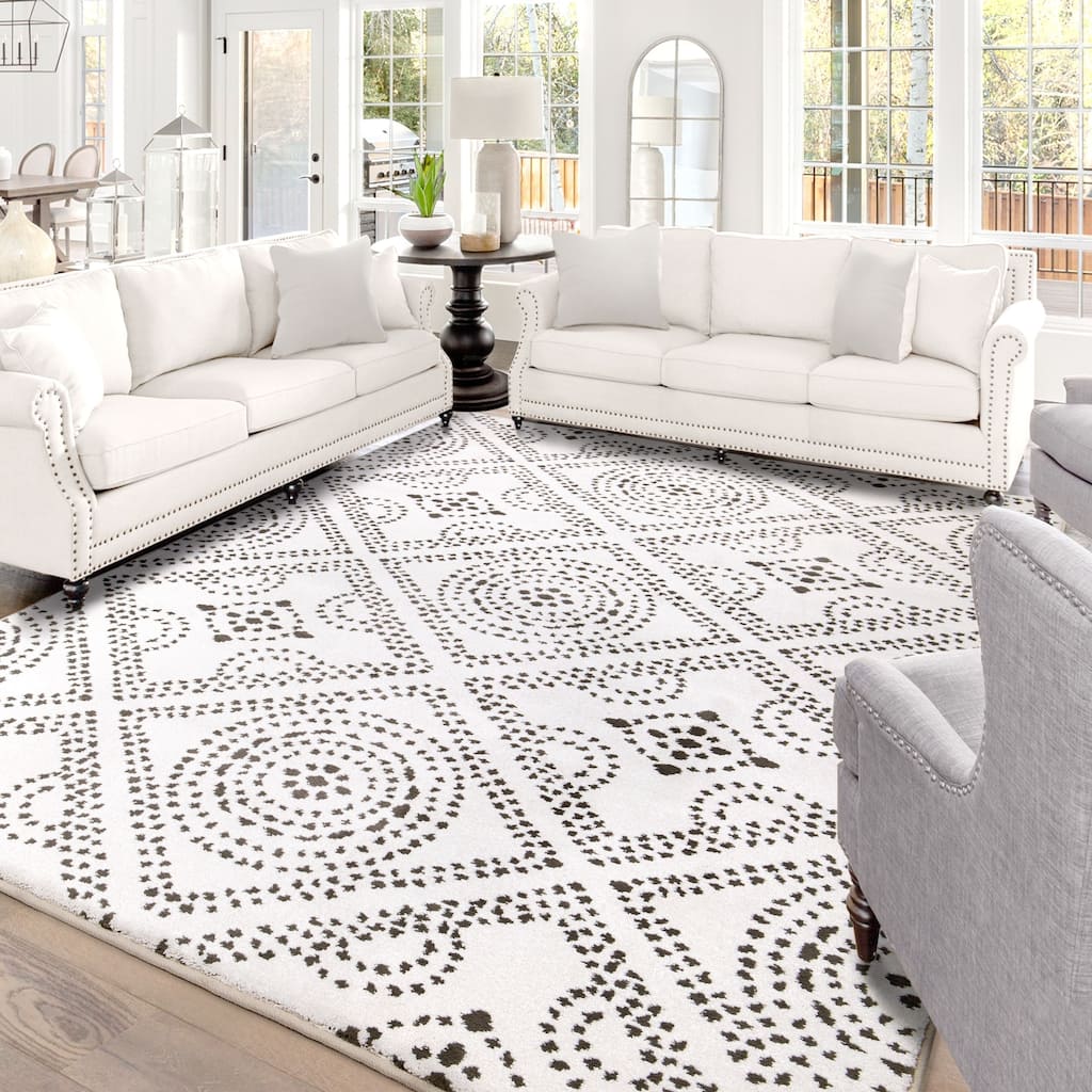 My Texas House Saltillo Natural White Floral Area Rug