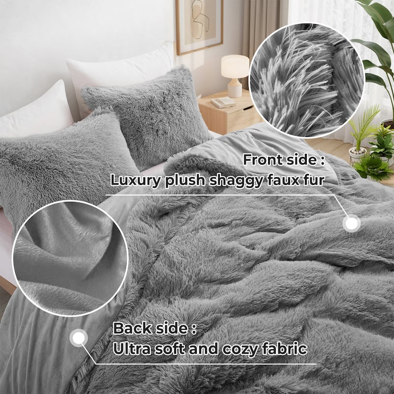 Fluffy Shaggy Reversible Faux Fur Comforter Set, Fuzzy Plush Bedding Set