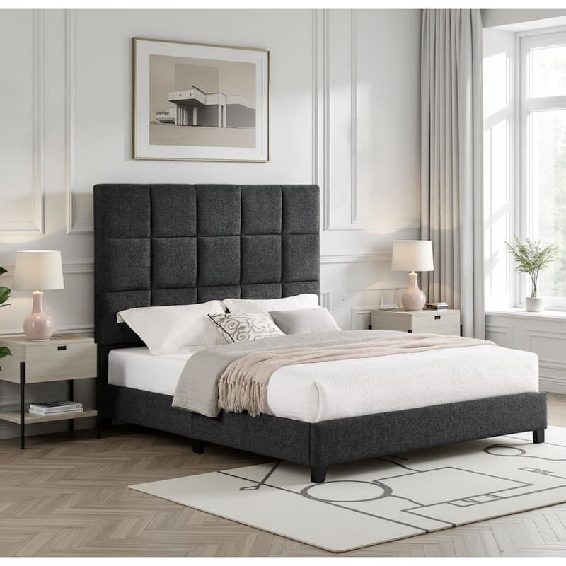 Bridgevine Home Tall Granite Dark Grey Square Headboard Upholstered Platform Bed