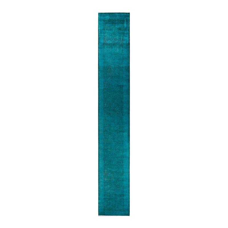 Overton Hand Knotted Wool Vintage Inspired Modern Contemporary Overdyed Blue Runner Rug - 2' 7" x 18' 3"