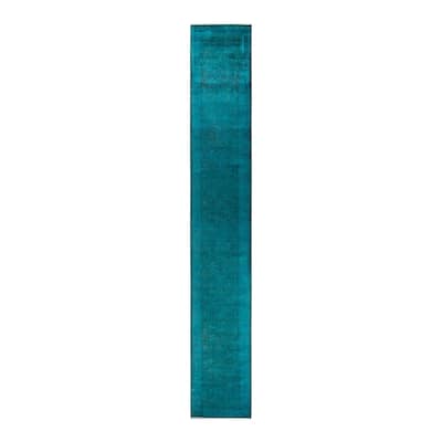 Overton Hand Knotted Wool Vintage Inspired Modern Contemporary Overdyed Blue Runner Rug - 2' 7" x 18' 3"
