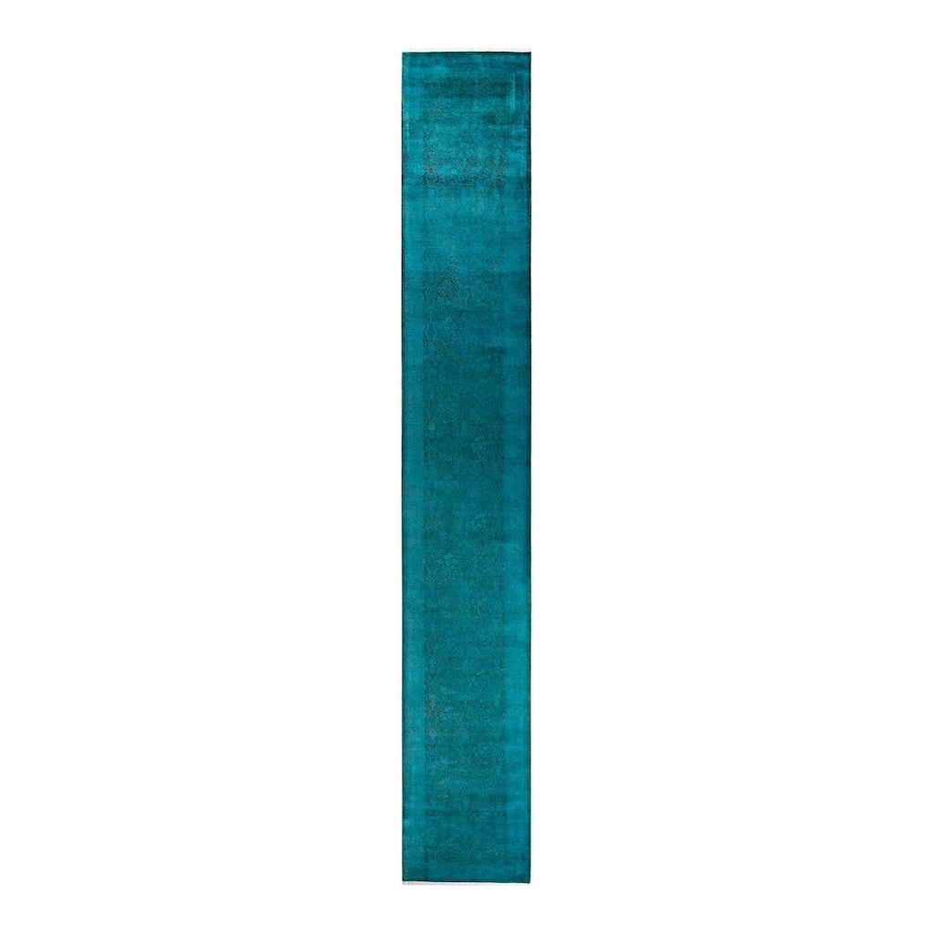 Overton Hand Knotted Wool Vintage Inspired Modern Contemporary Overdyed Blue Runner Rug - 2' 7" x 18' 3"