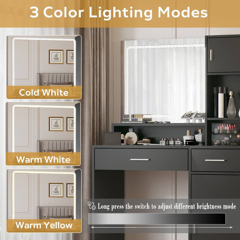 Dressing Vanity Desk with Drawer, Mirror & LED Light Strip, 3 Adjustable Brightness Modes
