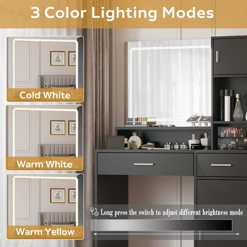 Modern Vanity Desk with Mirror, LED Light Strip and Storage