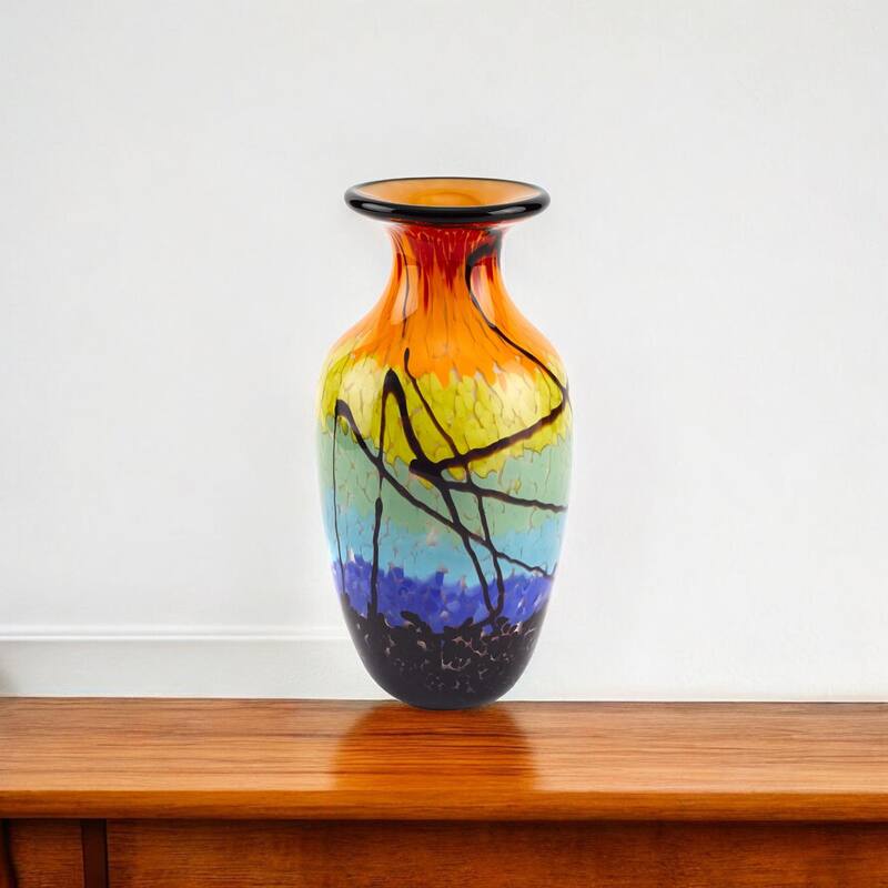 HomeRoots 11" Black Blue Red And Yellow Abstract Urn Handblown Glass Table Vase - 6