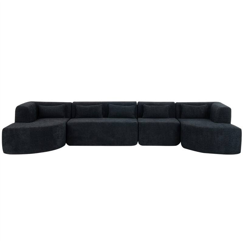 Convertible Sectional Sofa with 2 Curved Chaise Lounges, 143.7" Upholstered Sofa Free-combined Sofa Couch with 5 Back Pillows