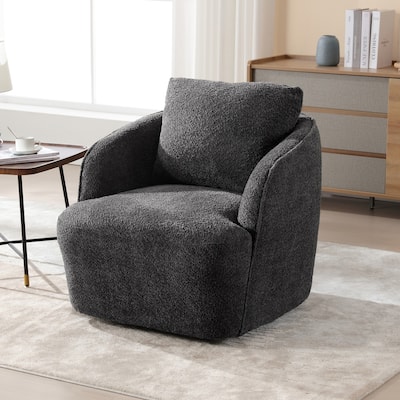 Boucle Fabric Upholstered Swivel Barrel Armchair With Pillow