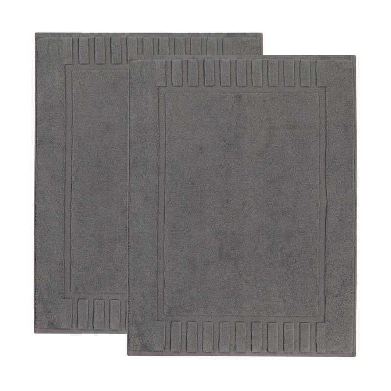 Blue Nile Mills 100% Cotton Solid Modern Geometric Border Absorbent Heavy Washable Bath Mats, Set of 2 - Graphite