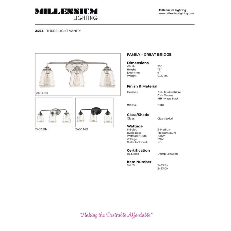 Millennium Lighting Bathroom 3 Light Vanity Fixture in Multiple Finishes