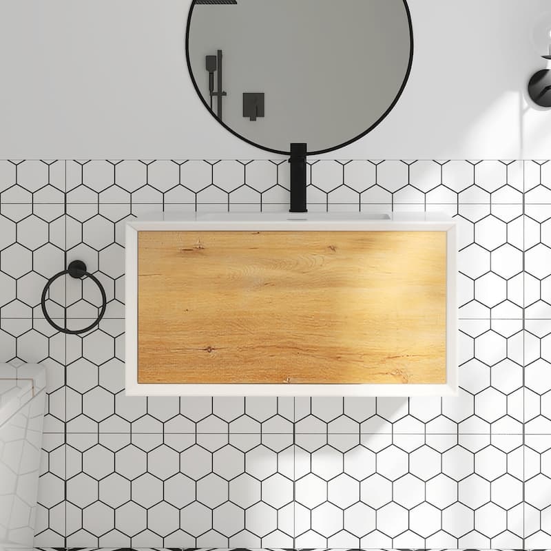 Wall-Mounted 1-drawer Bathroom Vanity Set in White and Oak with Integrated Solid Surface Sink