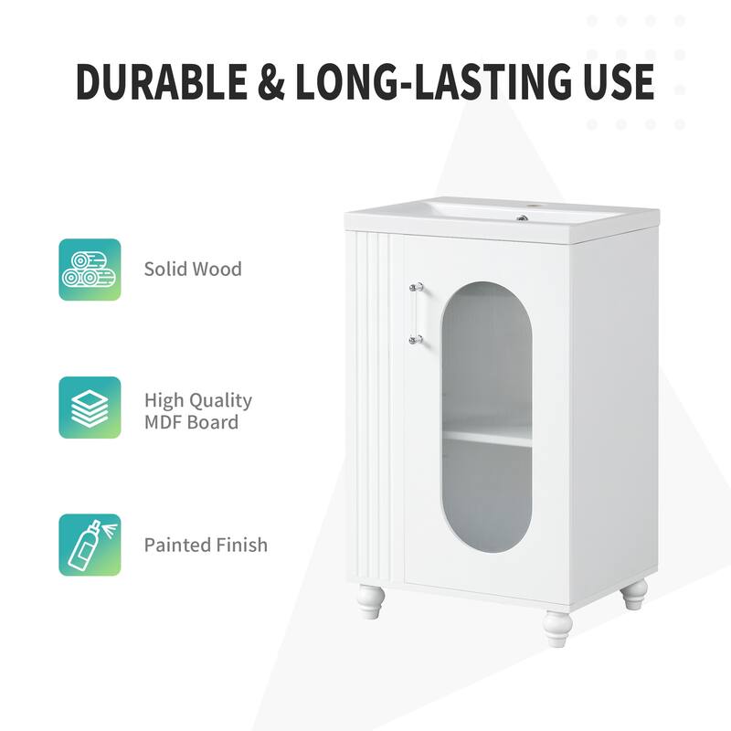 Small Bathroom Vanity with Sink, Wood Bathroom Cabinet with Glass Door, Single Basin Vanity Set with Two-Tier Shelf