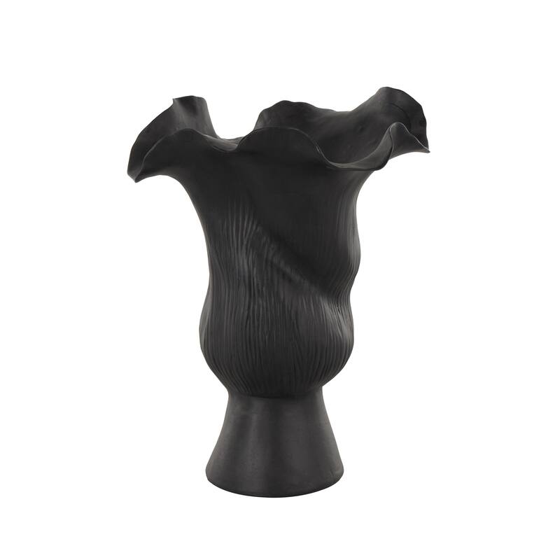 Ceramic Abstract Floral Inspired Vase with Wavy Folded Rim and Linear Grooves - White or Black - Roche River Decor