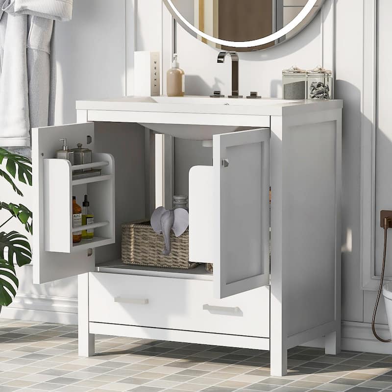 30" White Bathroom Vanity with Single Sink, 2 Doors, and Drawer - White - with sink