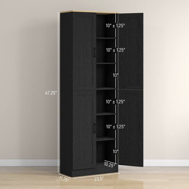 6-Tier Kitchen Pantry Cabinet with Adjustable Shelves and Recessed Doors Metal Handles - 23.5" W x11.75" D x 67.25" H