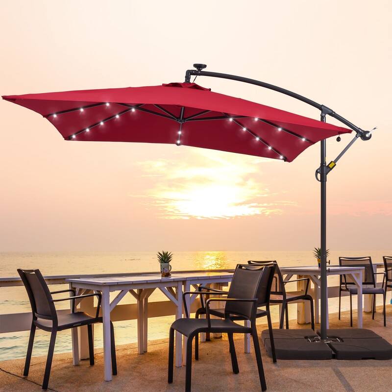 BONOSUKI 8.2Ft Solar Powered Cantilever Patio Umbrella With Base - Red
