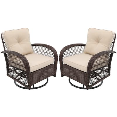 Patio Watcher 2-Piece Outdoor Brown Rattan 360 Degree Swing Patio Conversation Chair Set with Cushions