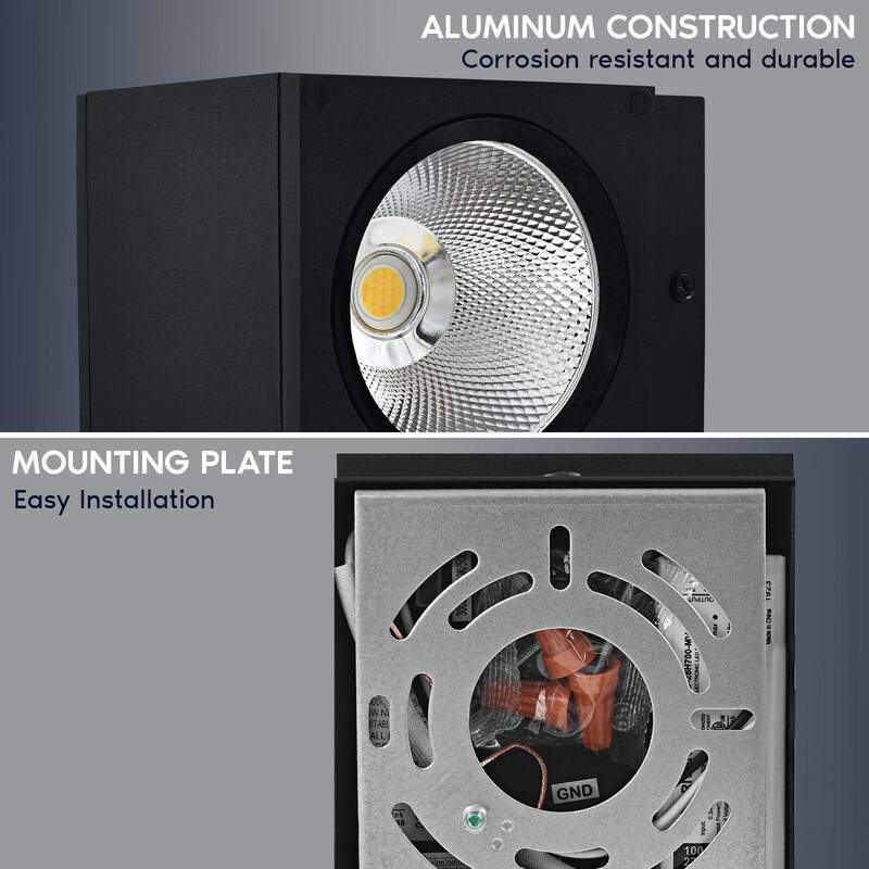 Luxrite LED Outdoor Cube Wall Light, Up or Down Black Wall Sconce, 3CCT 3000K-5000K, 15W, Aluminum, IP65, ETL 2-Pack