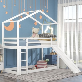 Twin Over Twin House Loft Bed with Roof, Slide and Ladder - Bed Bath ...