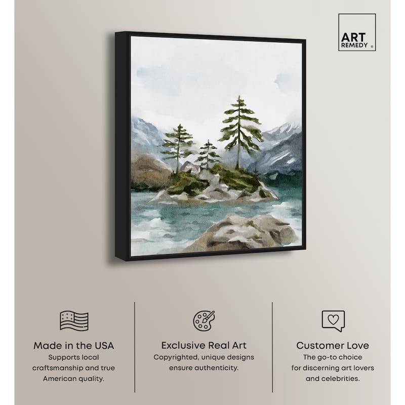 Art Remedy Cold Winter Lake Framed Landscape 1 Piece Canvas Wall Art Watercolor Style