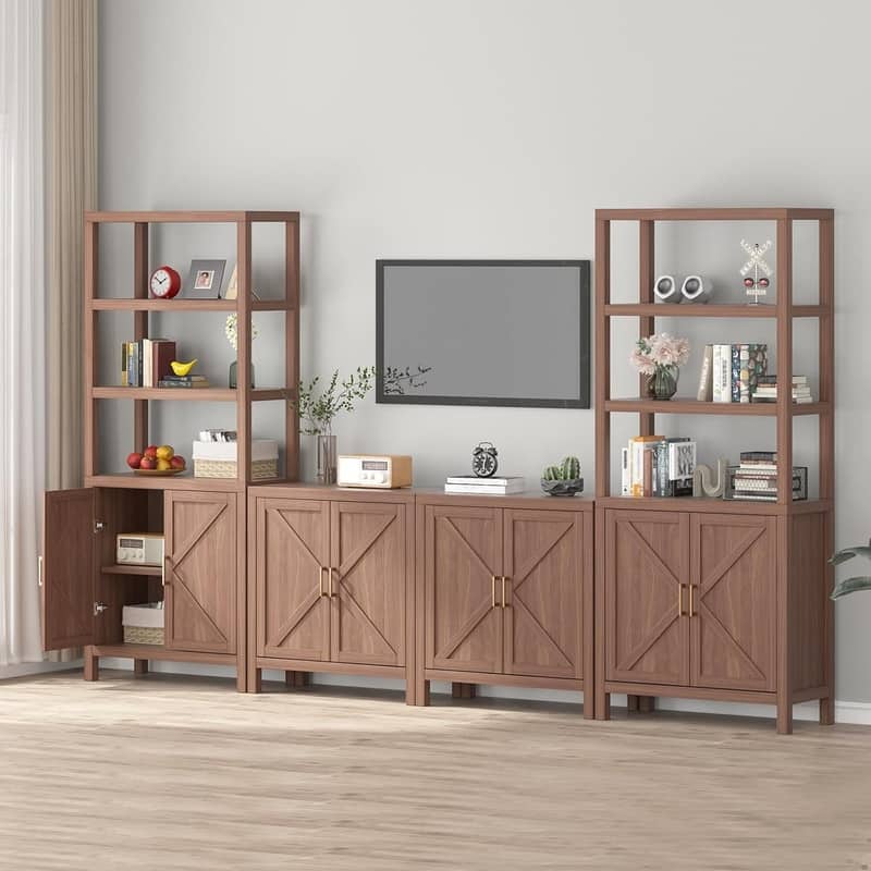 71" Tall Wooden Bookshelf with Adjustable Shelves and Cabinet Door Storage Bookcase
