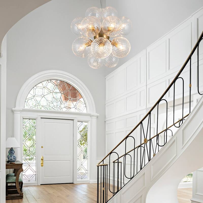 Modern 12-Lights Clear Swirled Ribbed Glass Globe Bubble Chandelier