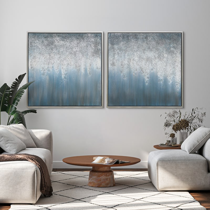 Blue Rain Textured Glitter Hand Painted Canvas Wall Art Set of 2