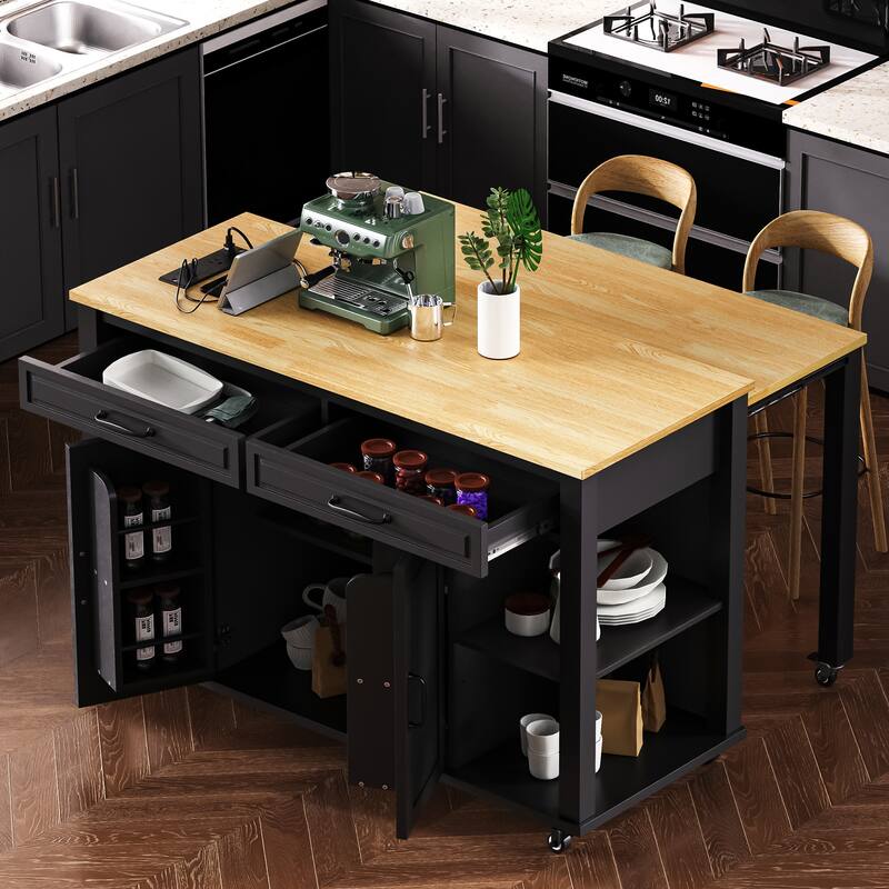 47" Kitchen Island with Extendable Table, Rubber Wood Veneer, Storage & Power