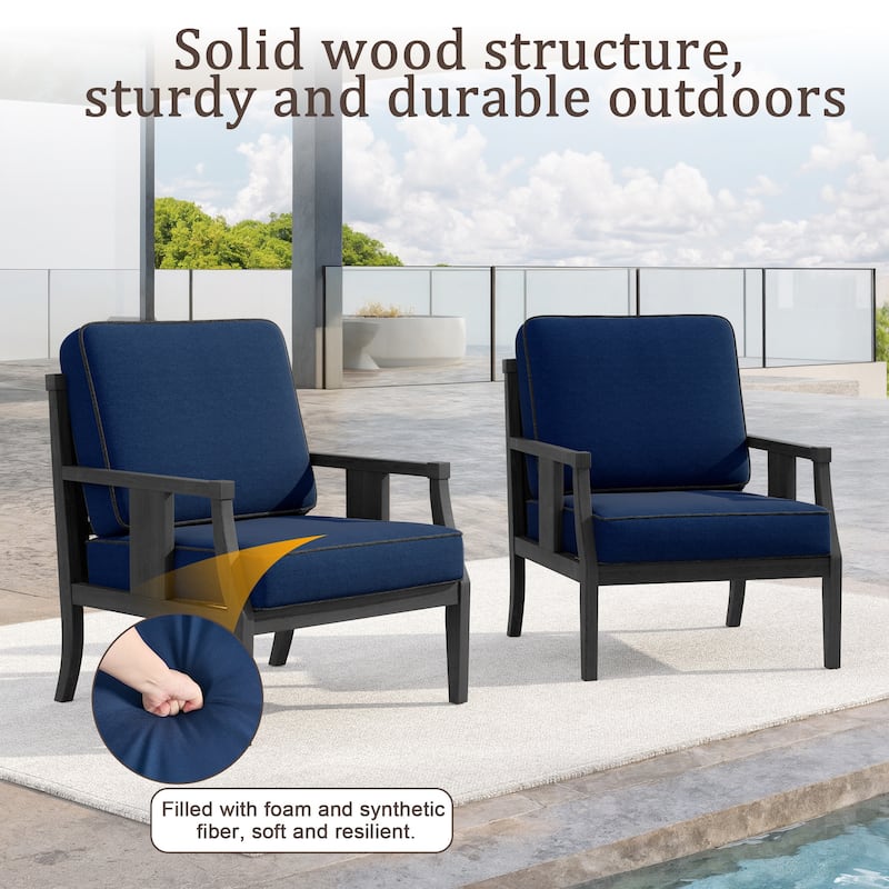 Set of 2 Outdoor Teak Wood Armchairs with Cushions, Patio Club Chairs