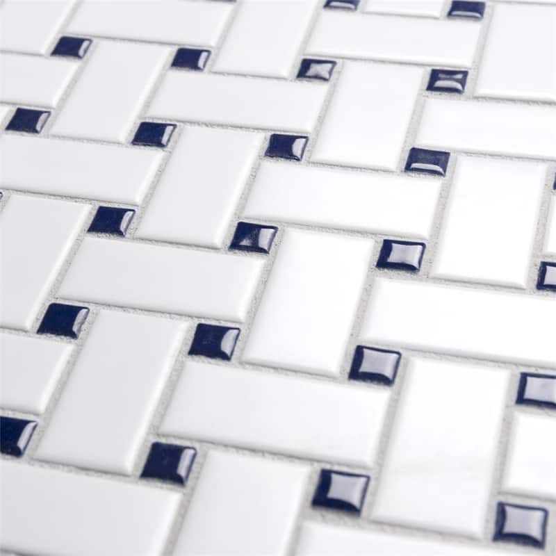 Merola Tile Metro Basketweave White w/ Glossy Cobalt Dot 11-3/4" x 11-3/4" Porcelain Floor and Wall Tile