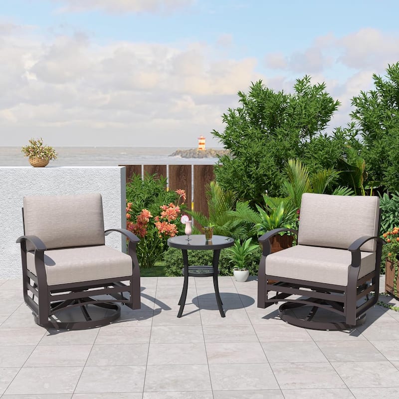 Kullavik 3Pcs Aluminum Rocking Chair Swivel Chairs Set with Glass Top Table & 5" Thick Cushion - khaki