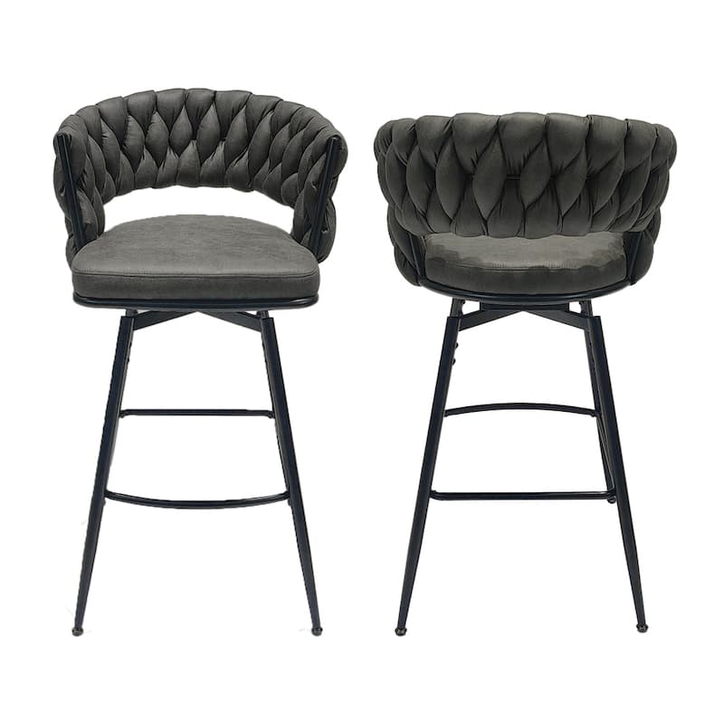 Swivel Upholstered Bar Stools with Back Footrest (Set of 2) - N/A