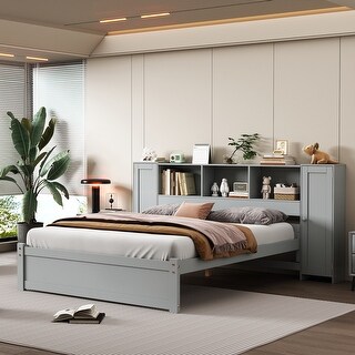 Full Size Platform Bed with Storage Headboard, Kids Bed Frame with 3-built-in shelves & 2-side lockers for Bedroom, Grey