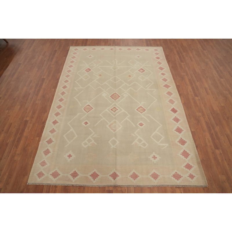 Hand Woven Oriental 100% Wool Carpet Southwestern Tribal Beige & Ivories Kilim Area Rug - 10' 0'' X 7' 2''