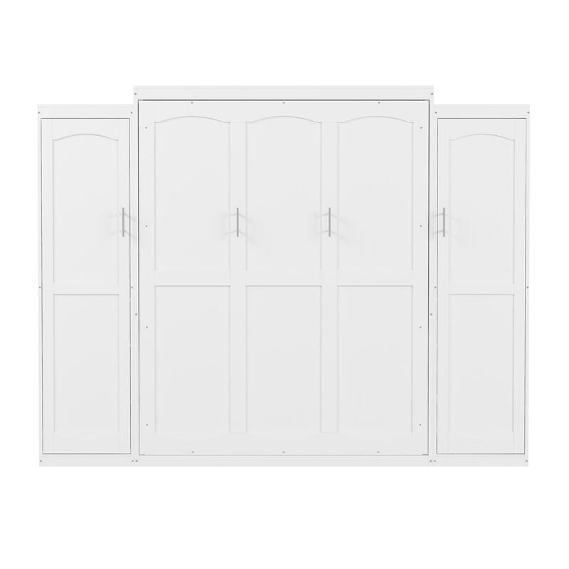 Wooden Murphy Bed Wall Bed with 2 Bulit-in Wardrobes, Full/Queen Size Foldable Murphy Cabinet Bed with Storage Shelves