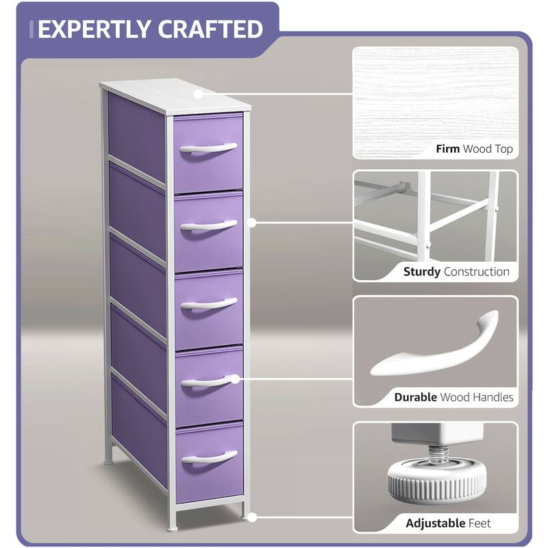 Sorbus Narrow Dresser with 5 Drawers - Vertical Slim Storage Chest of Drawers with Steel Frame, Wood Top & Easy Pull Fabric Bins