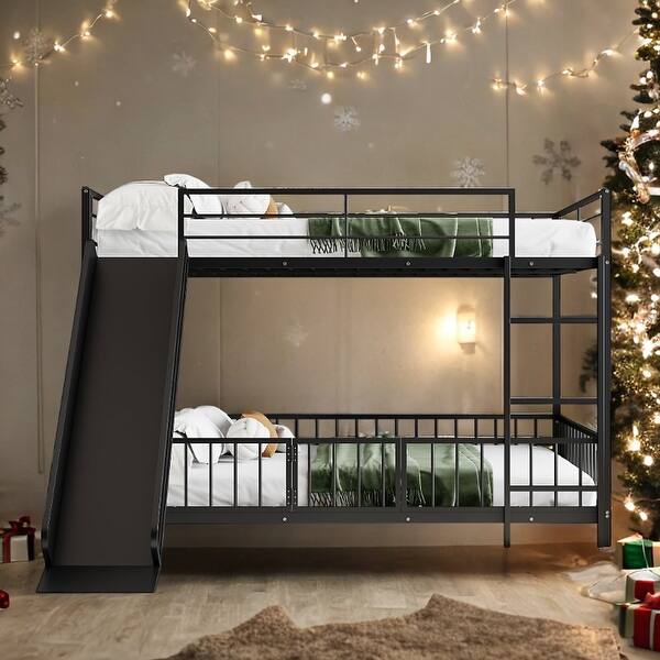 slide 2 of 20, Full over Full Size Metal Bunk Bed with Slide and Guardrails,,Industrial Minimalist Metal Bed-Black Black