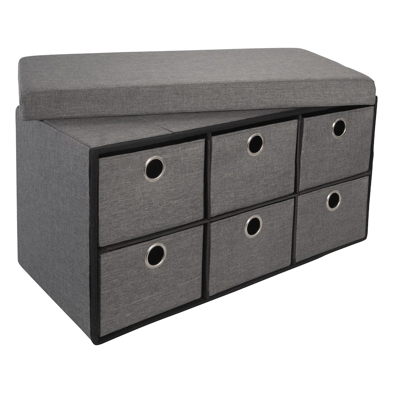 Simplify 6 Drawer Collapsible Double Storage Ottoman in Grey