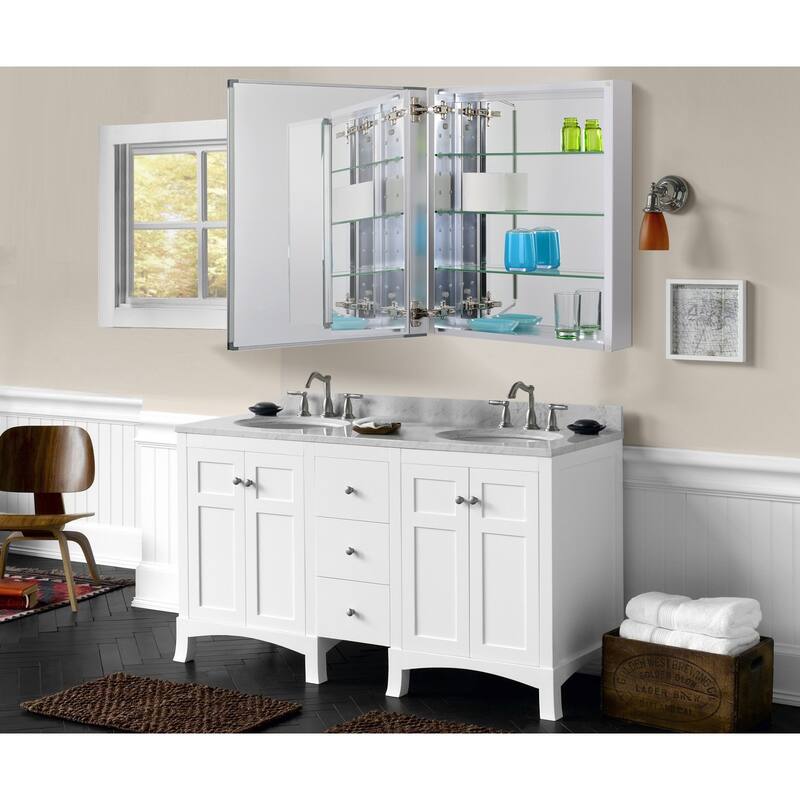 Utopia Alley Frameless 24inch x 30inch Rustproof Medicine Cabinet, Mirrored Sides, Recess Or Surface Mount, Silver