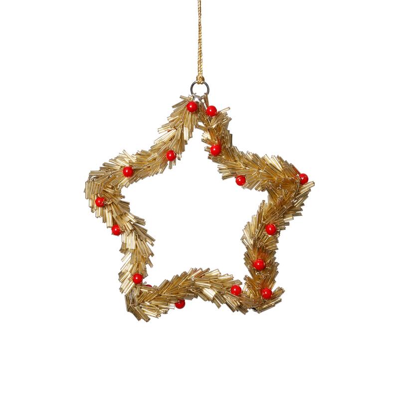 Festive Beaded Christmas Star Hanging Ornaments with Red Berries, Set of 12, 6" - Gold